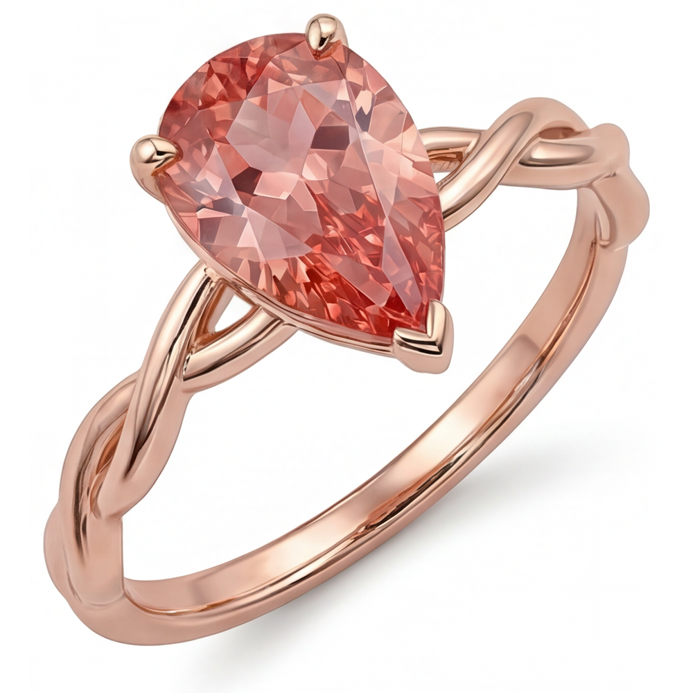 Anello Solitario in Oro Rosa 14K con Zaffiro Padparadscha Naturale Rosa Pesca Taglio a Goccia da 2 Carati