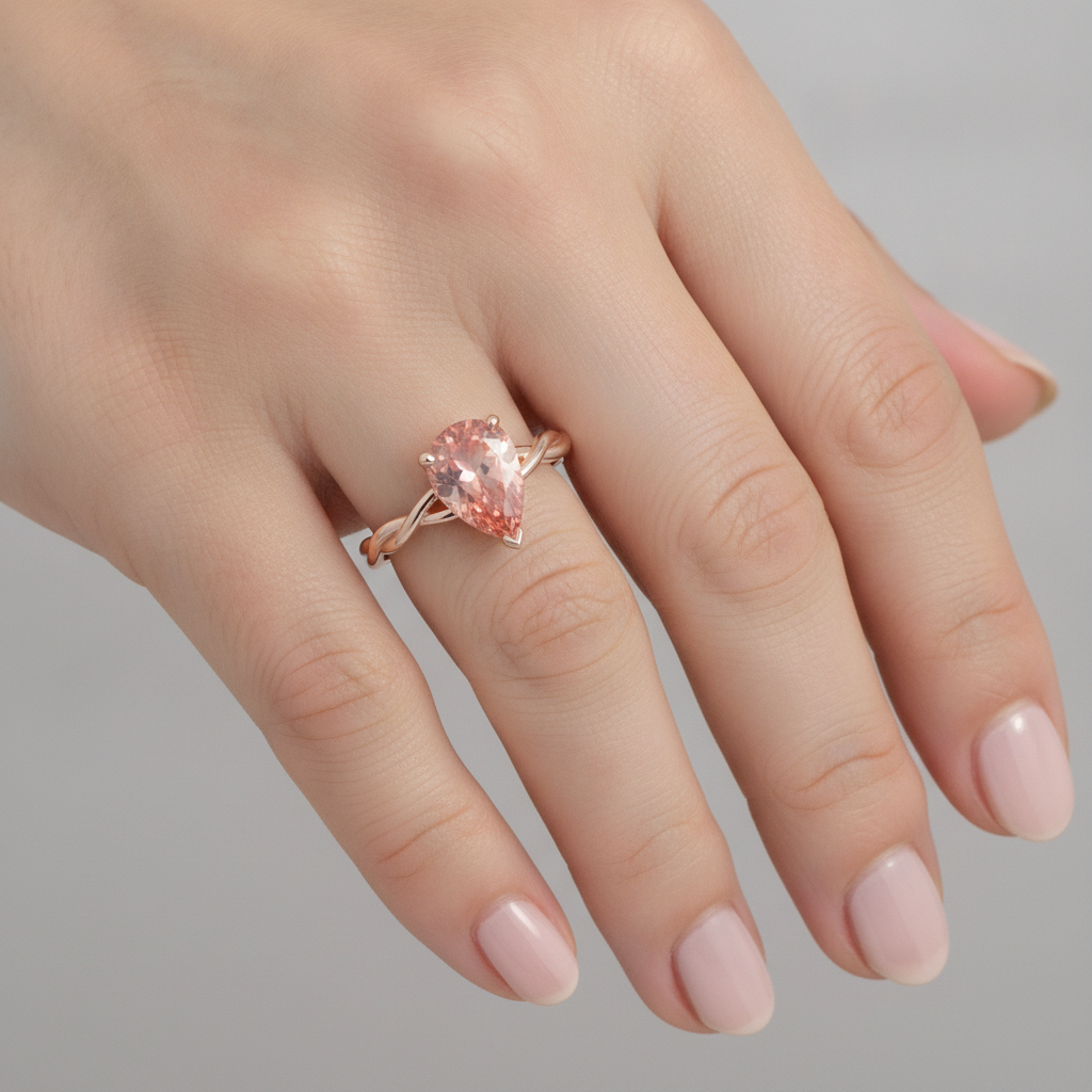 Anello Solitario in Oro Rosa 14K con Zaffiro Padparadscha Naturale Rosa Pesca Taglio a Goccia da 2 Carati