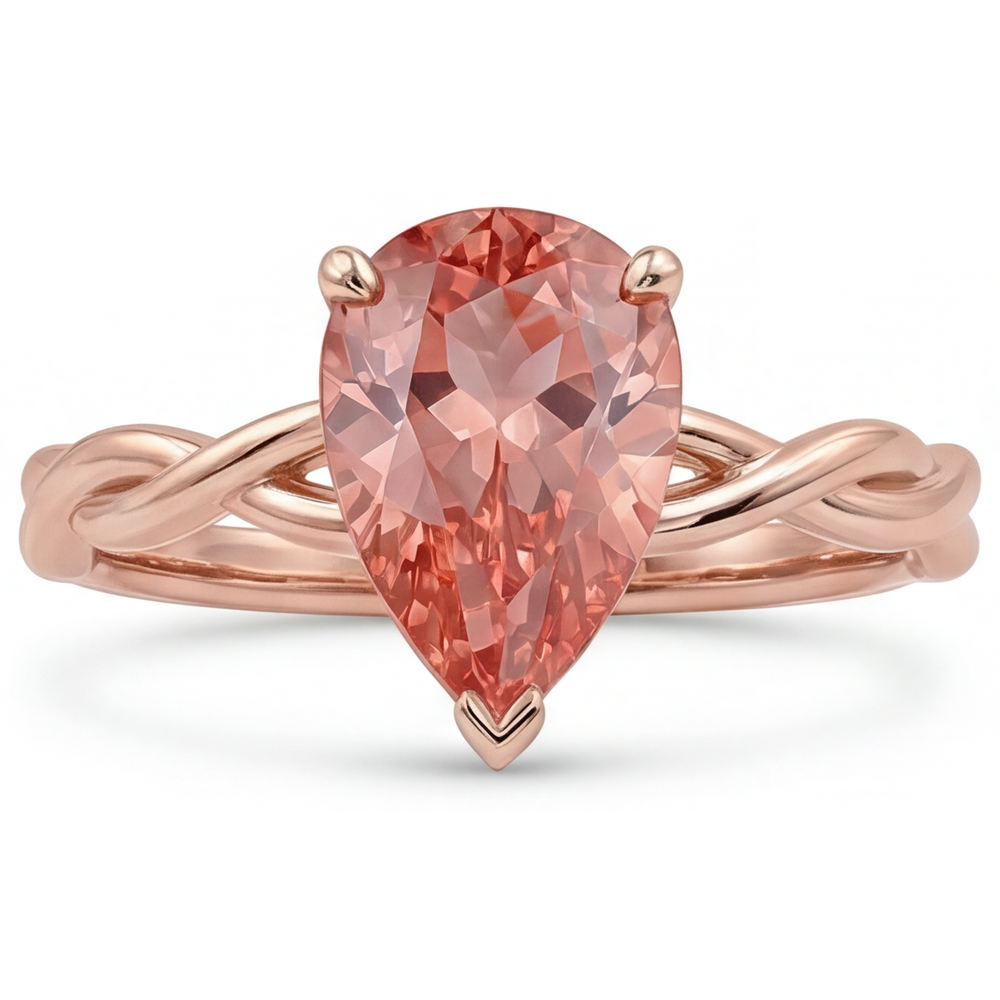 Anello Solitario in Oro Rosa 14K con Zaffiro Padparadscha Naturale Rosa Pesca Taglio a Goccia da 2 Carati