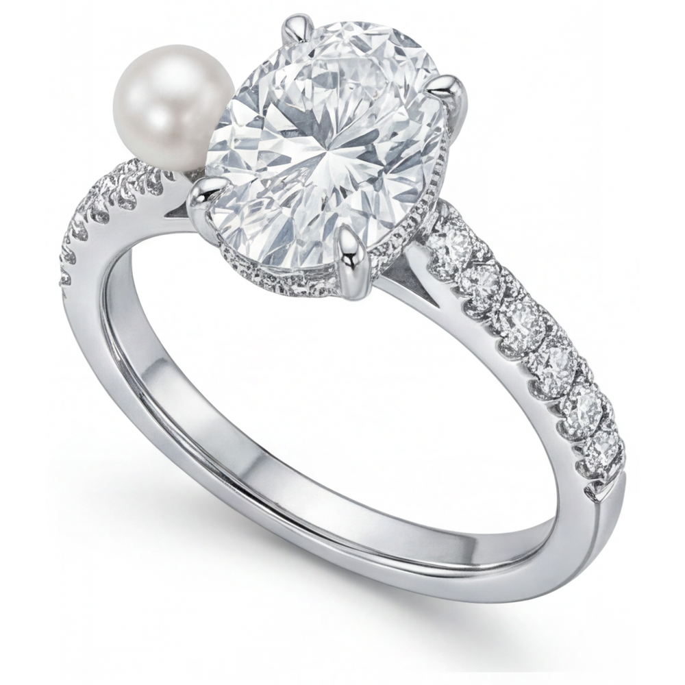 Anello Solitario con Accenti Oro Bianco 14K con Perla Coltivata – vista laterale