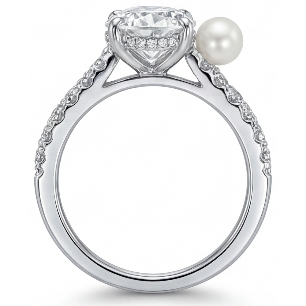 Perla Coltivata Anello Solitario con Accenti 3 carati Oro Bianco 14K – vista angolare