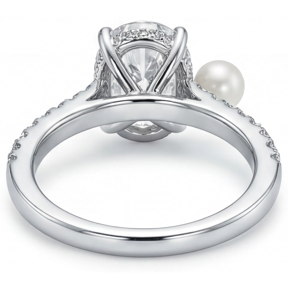 Perla Coltivata Anello Solitario con Accenti 3 carati Oro Bianco 14K – vista profilo