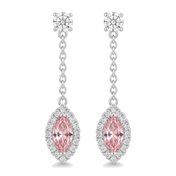 Orecchini pendenti lunghi a goccia con diamante rosa da laboratorio da 2,5 carati taglio marquise halo in oro bianco 14K