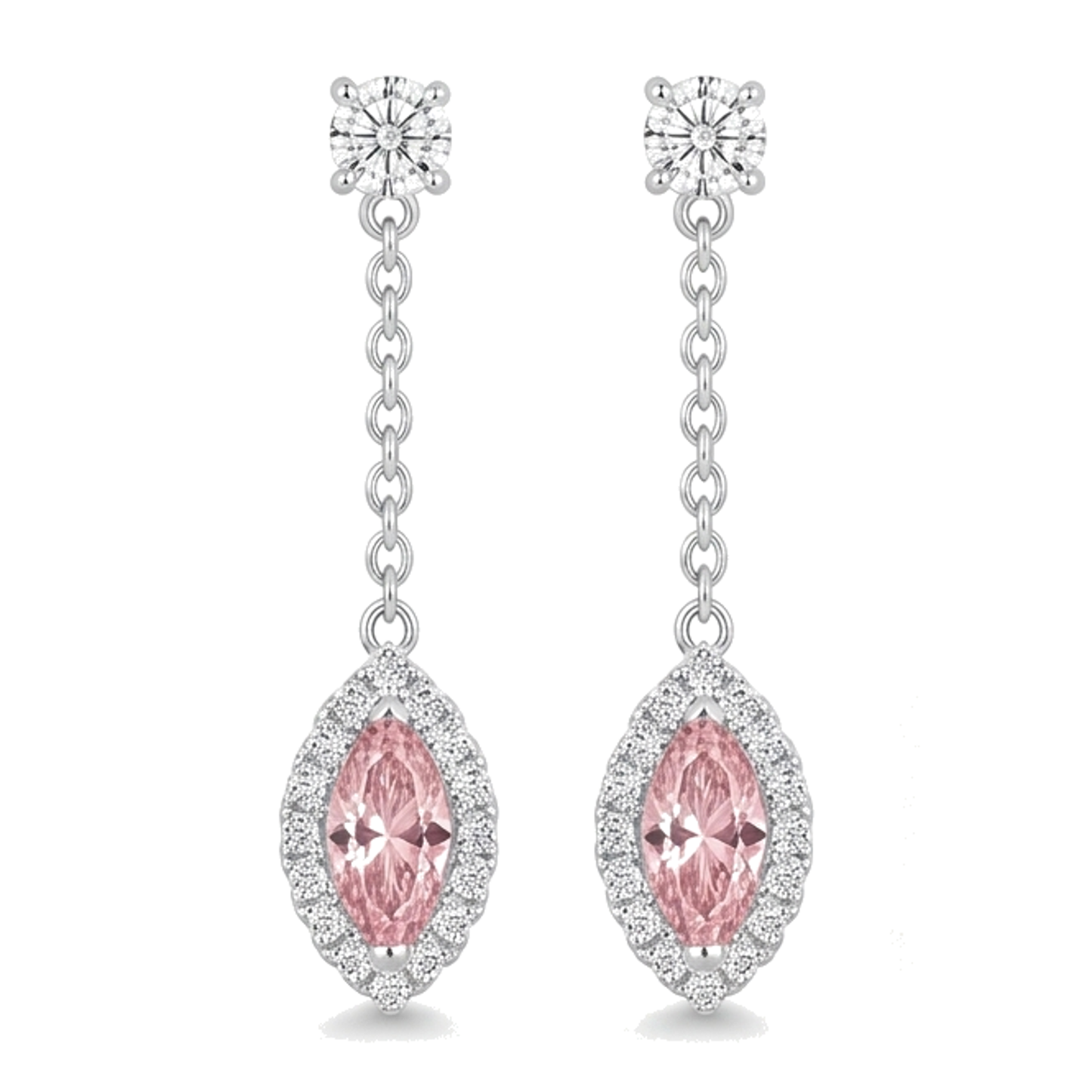 Orecchini pendenti lunghi a goccia con diamante rosa da laboratorio da 2,5 carati taglio marquise halo in oro bianco 14K