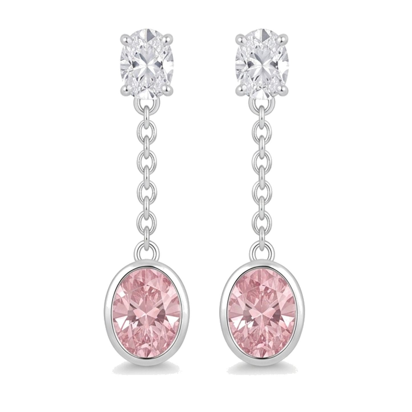 Orecchini pendenti lunghi con diamanti rosa da laboratorio taglio ovale da 2,5 carati con lunetta in oro bianco 14 carati