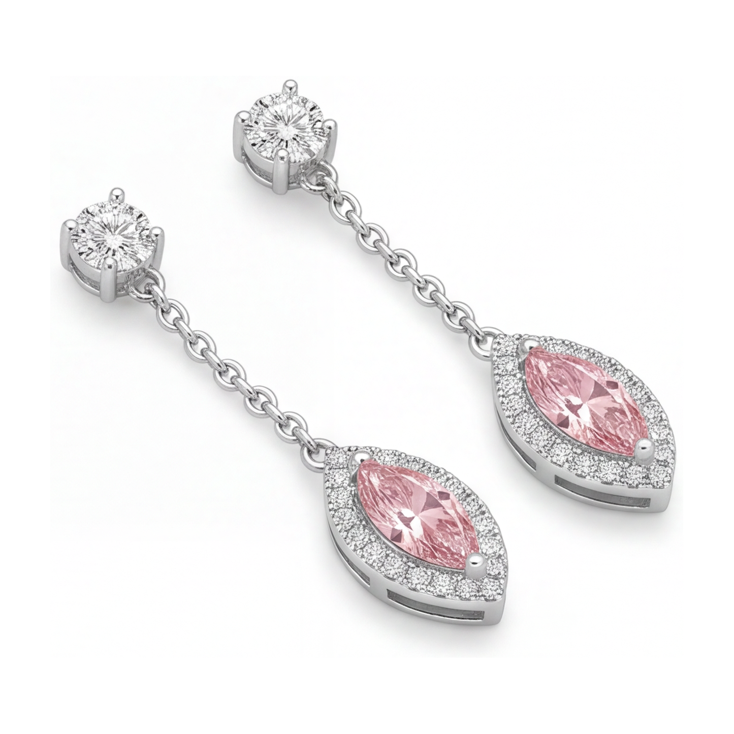 Orecchini pendenti lunghi a goccia con diamante rosa da laboratorio da 2,5 carati taglio marquise halo in oro bianco 14K