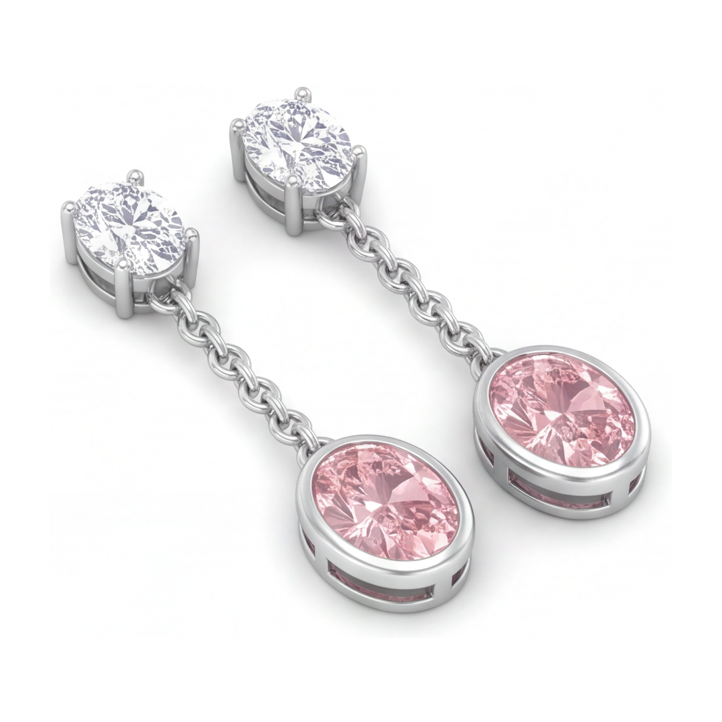 Orecchini pendenti lunghi con diamanti rosa da laboratorio taglio ovale da 2,5 carati con lunetta in oro bianco 14 carati
