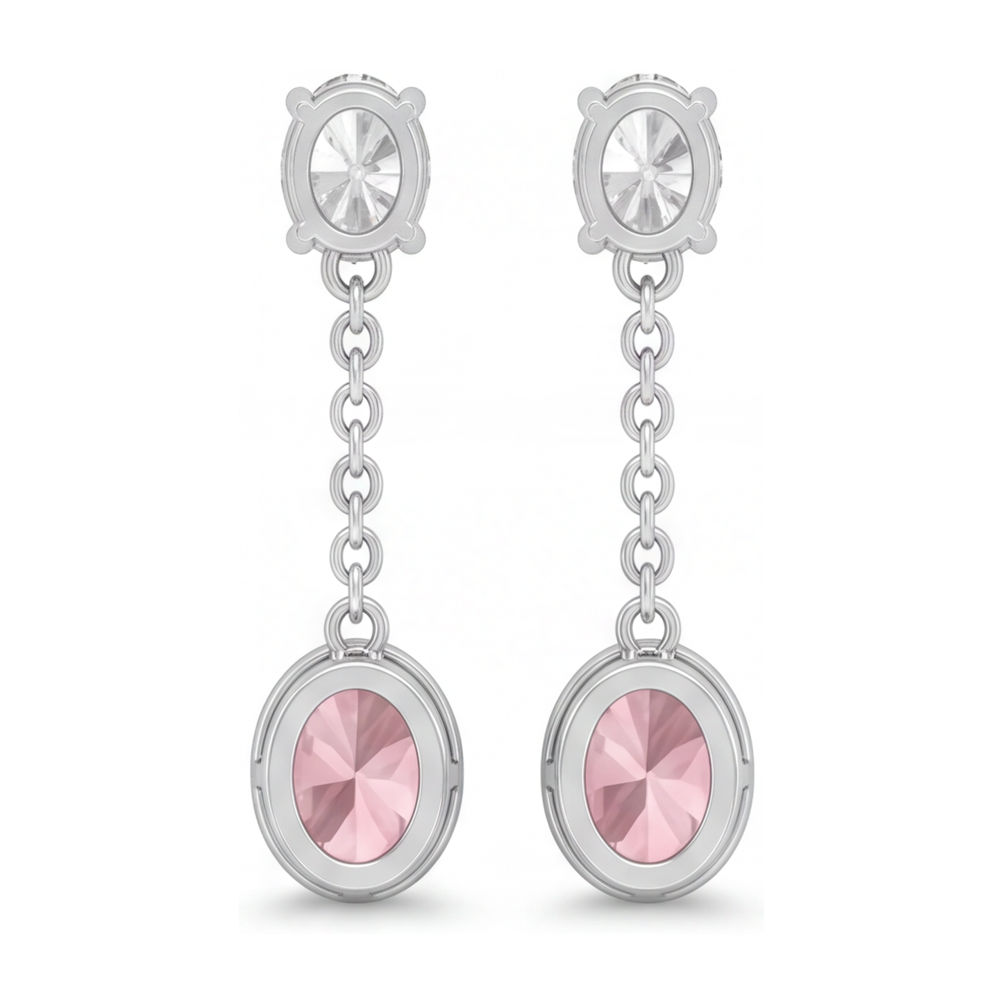 Orecchini pendenti lunghi con diamanti rosa da laboratorio taglio ovale da 2,5 carati con lunetta in oro bianco 14 carati