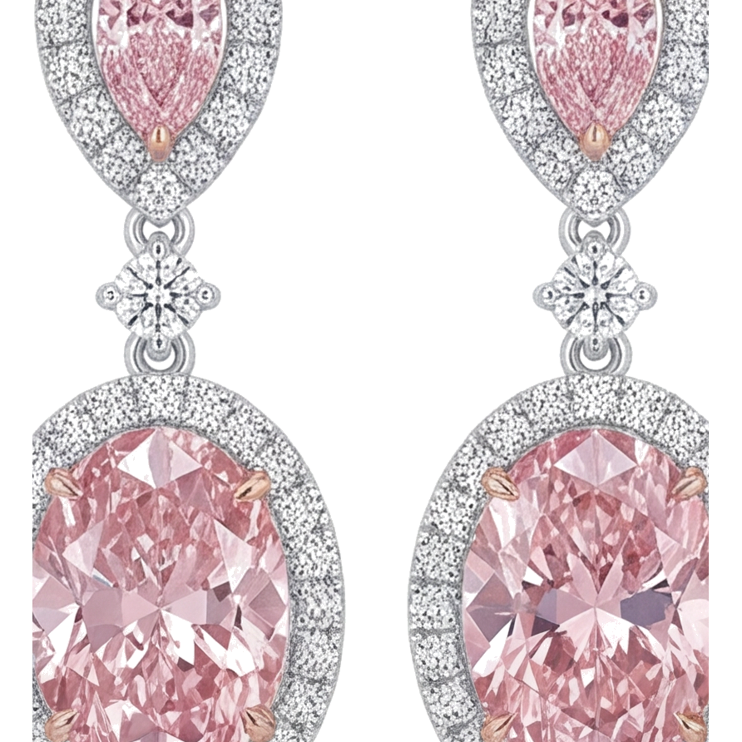 Orecchini pendenti con diamanti rosa da laboratorio da 4,5 carati, halo ovale e parte superiore a goccia in Oro Bianco 14K