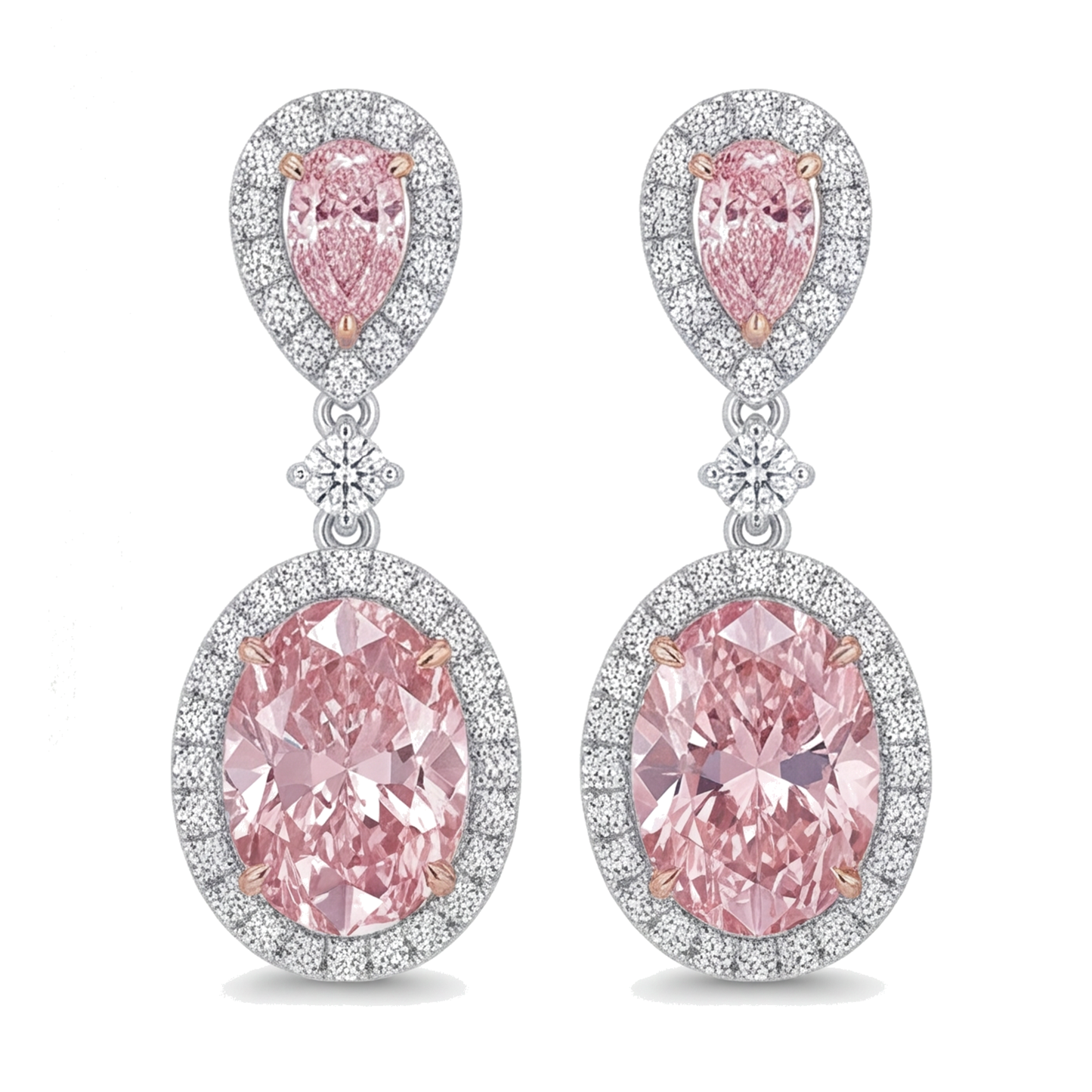Orecchini pendenti con diamanti rosa da laboratorio da 4,5 carati, halo ovale e parte superiore a goccia in Oro Bianco 14K