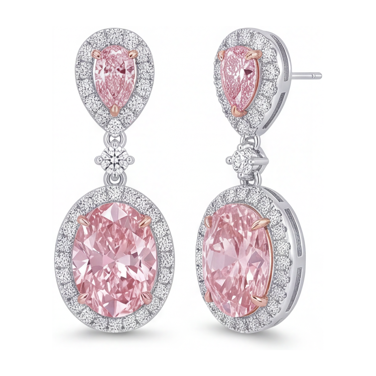 Orecchini pendenti con diamanti rosa da laboratorio da 4,5 carati, halo ovale e parte superiore a goccia in Oro Bianco 14K
