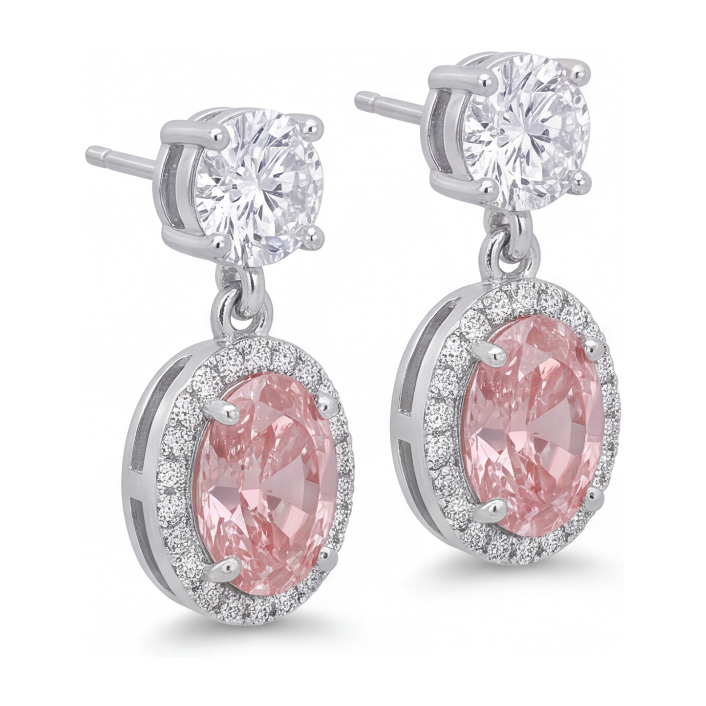 Orecchini pendenti con diamanti rosa 4 carati da laboratorio halo ovale in oro bianco 14K
