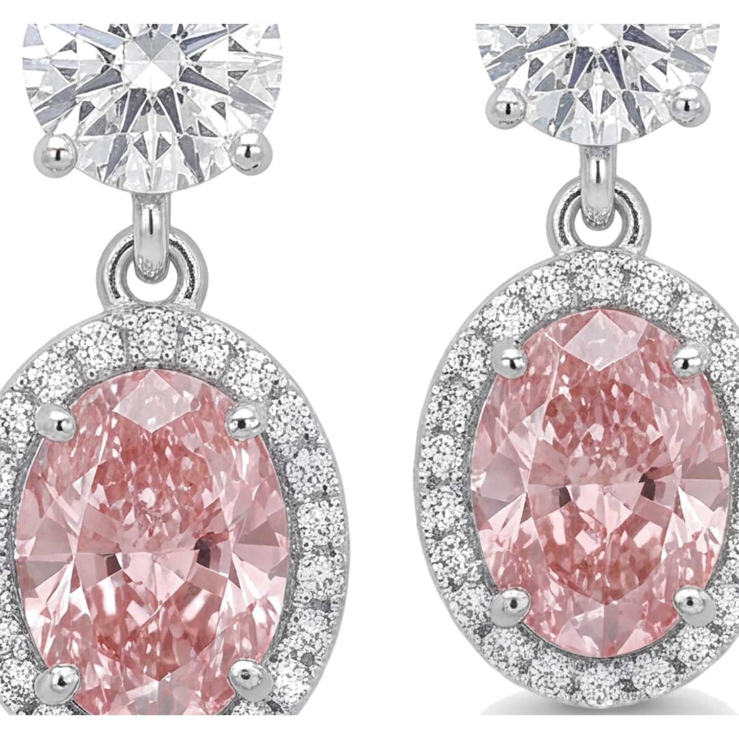 Orecchini pendenti con diamanti rosa 4 carati da laboratorio halo ovale in oro bianco 14K