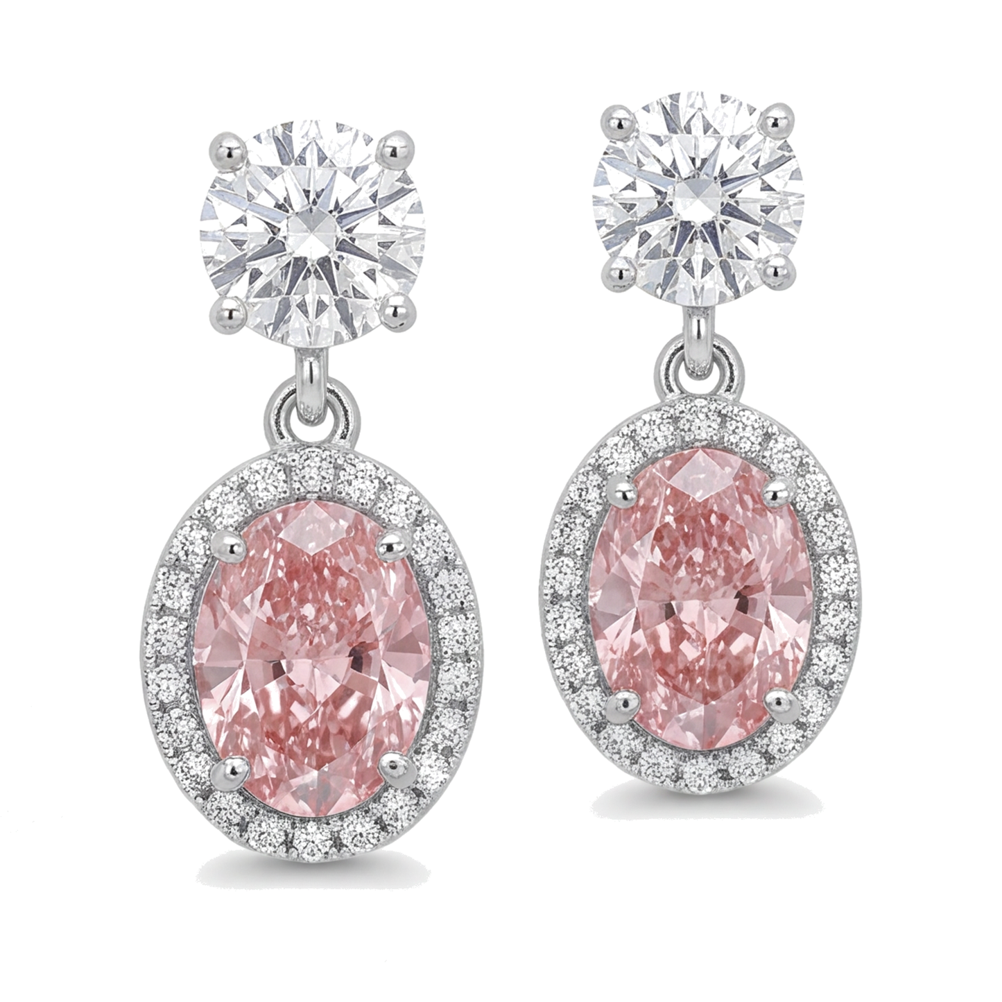 Orecchini pendenti con diamanti rosa 4 carati da laboratorio halo ovale in oro bianco 14K