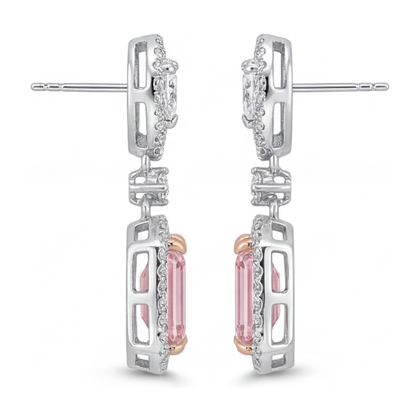 Orecchini Pendenti con Diamanti Rosa da Laboratorio 5 Carati Taglio Smeraldo Halo in Oro Bianco 14K