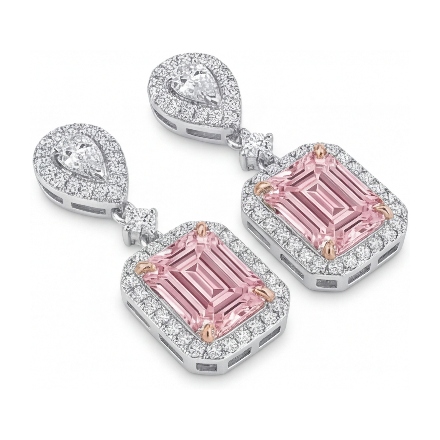 Orecchini Pendenti con Diamanti Rosa da Laboratorio 5 Carati Taglio Smeraldo Halo in Oro Bianco 14K