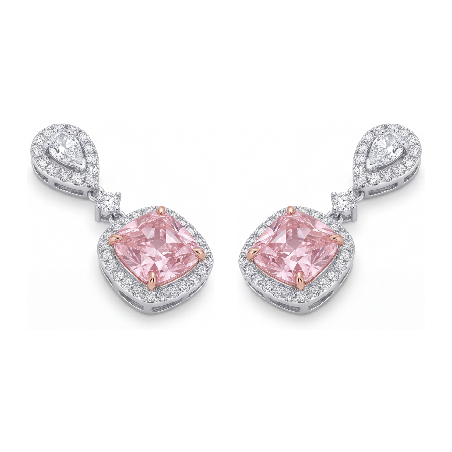 Orecchini pendenti con diamanti rosa da laboratorio da 5 carati, Halo a cuscino e parte superiore a goccia in Oro Bianco 14K