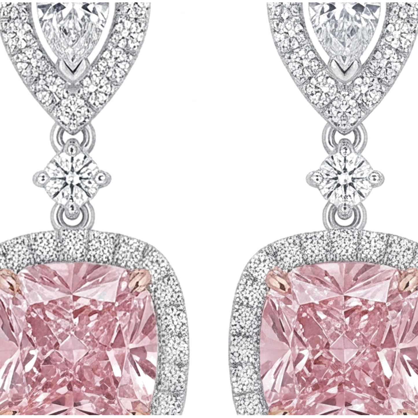 Orecchini pendenti con diamanti rosa da laboratorio da 5 carati, Halo a cuscino e parte superiore a goccia in Oro Bianco 14K