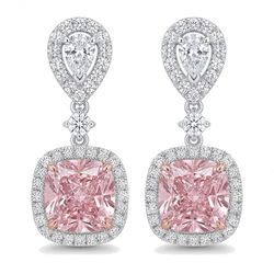 Orecchini pendenti con diamanti rosa da laboratorio da 5 carati, Halo a cuscino e parte superiore a goccia in Oro Bianco 14K