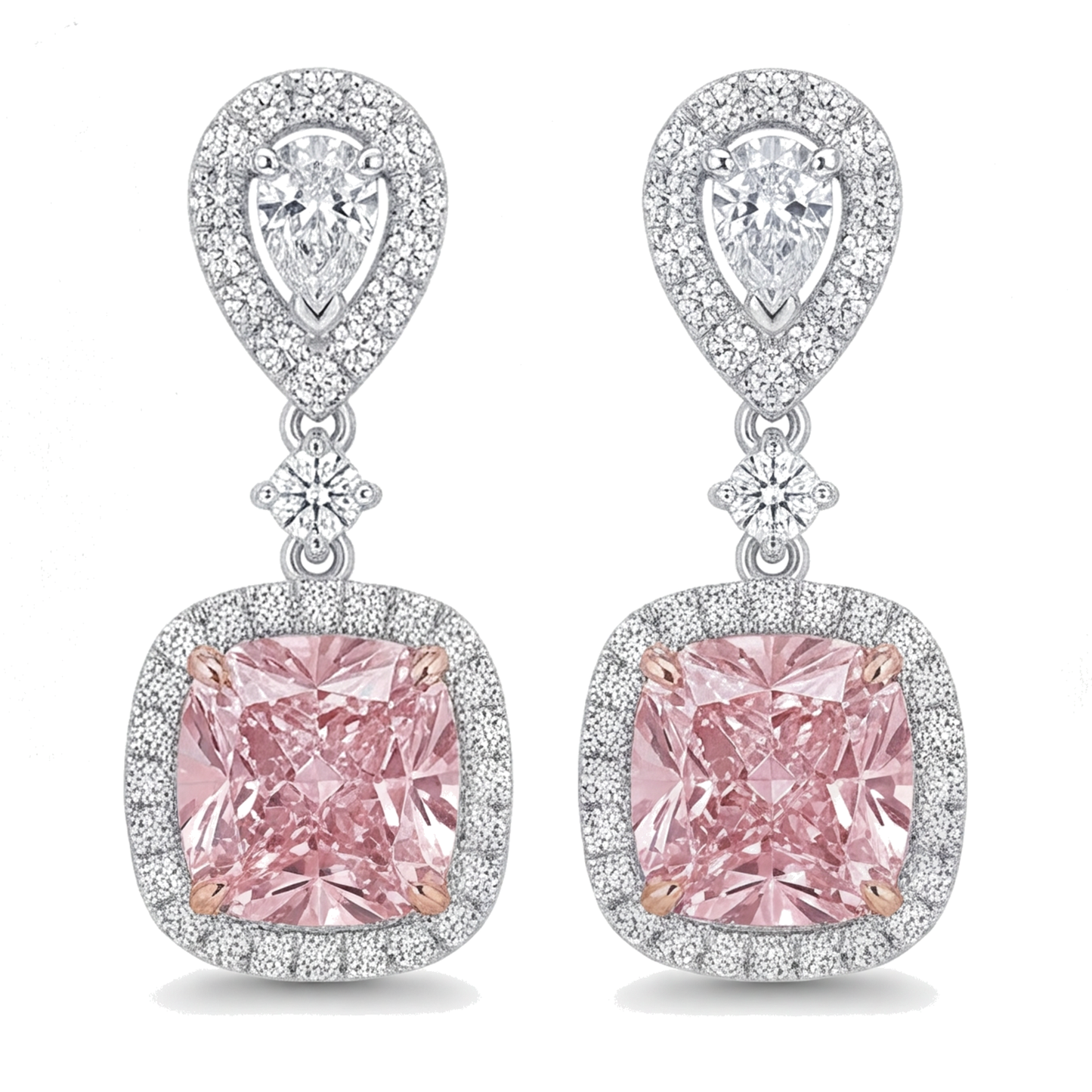 Orecchini pendenti con diamanti rosa da laboratorio da 5 carati, Halo a cuscino e parte superiore a goccia in Oro Bianco 14K