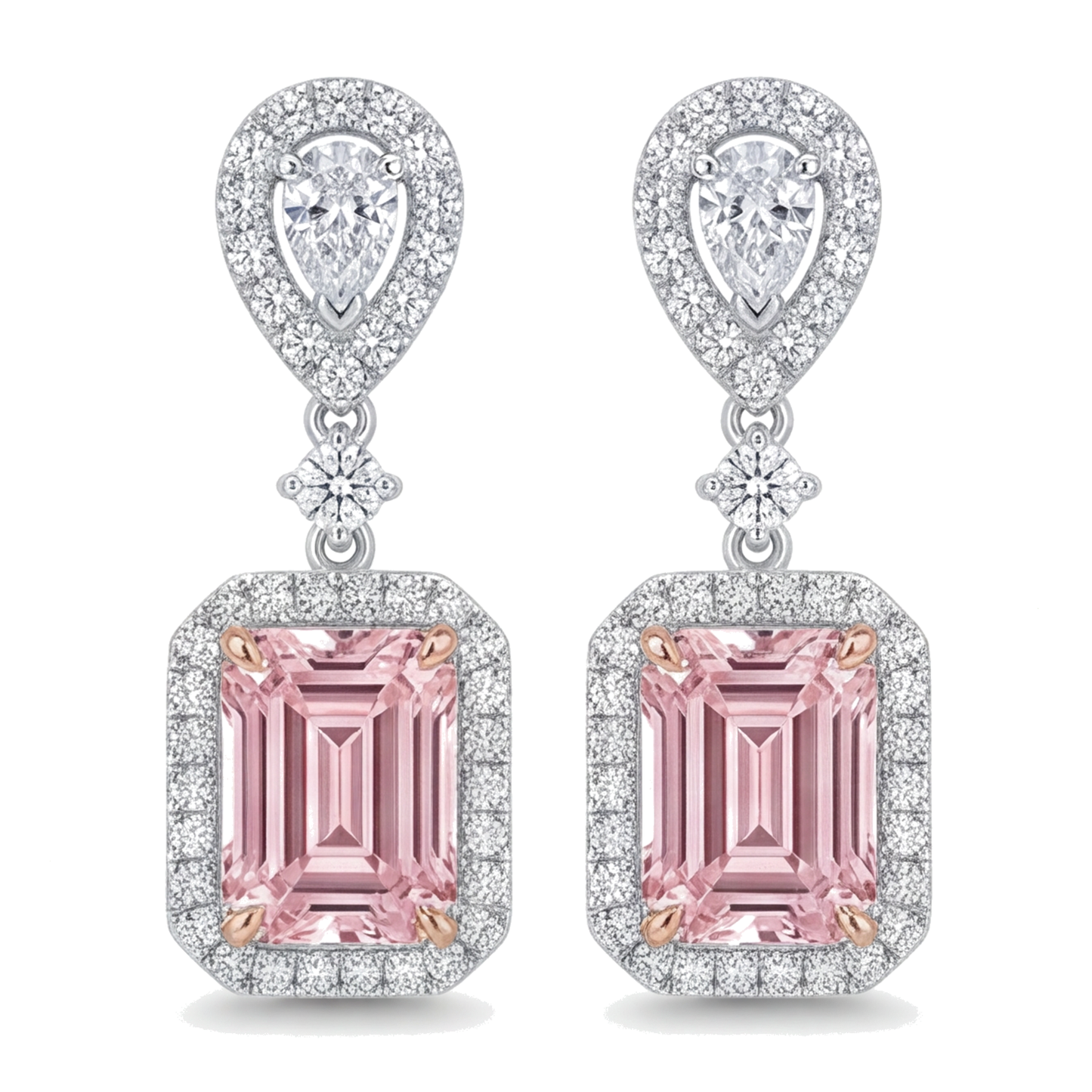 Orecchini Pendenti con Diamanti Rosa da Laboratorio 5 Carati Taglio Smeraldo Halo in Oro Bianco 14K