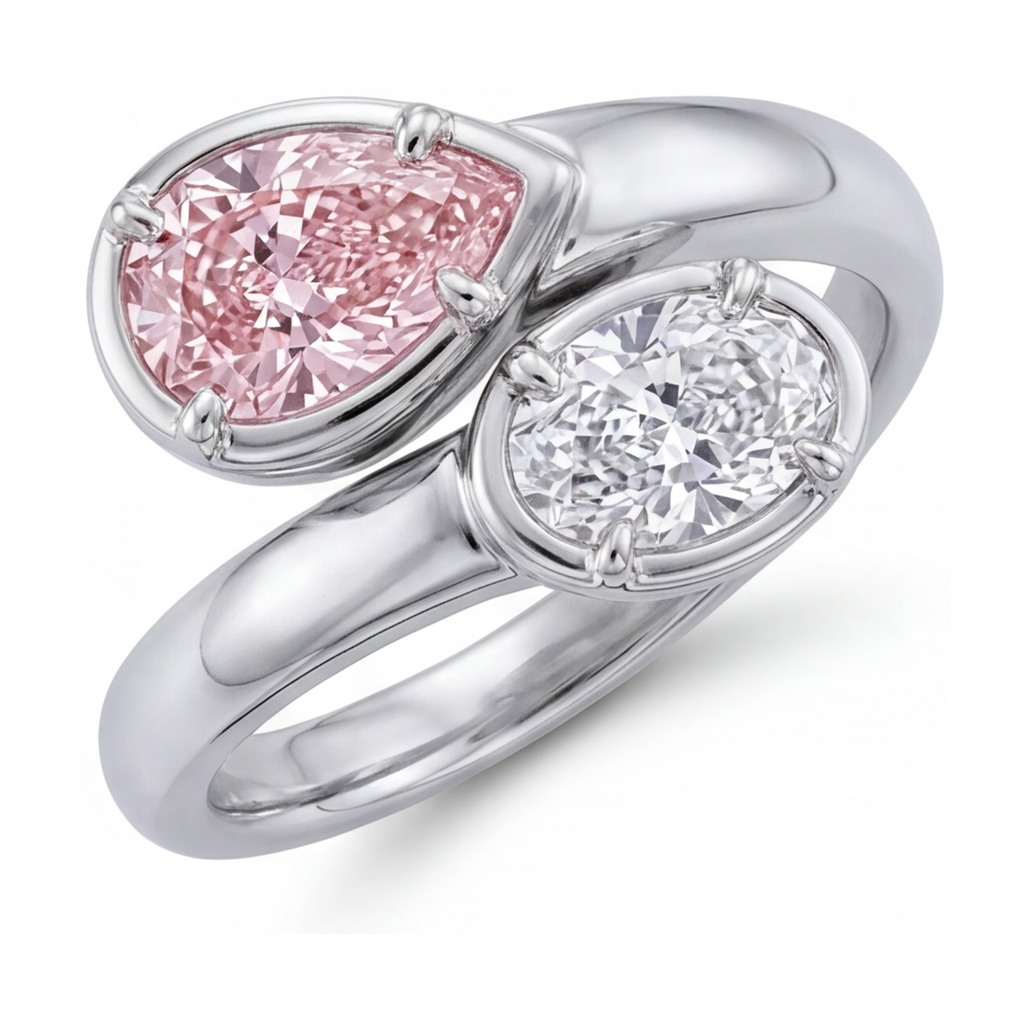 Anello Toi et Moi contrarié con diamante rosa a goccia da 3,2 carati