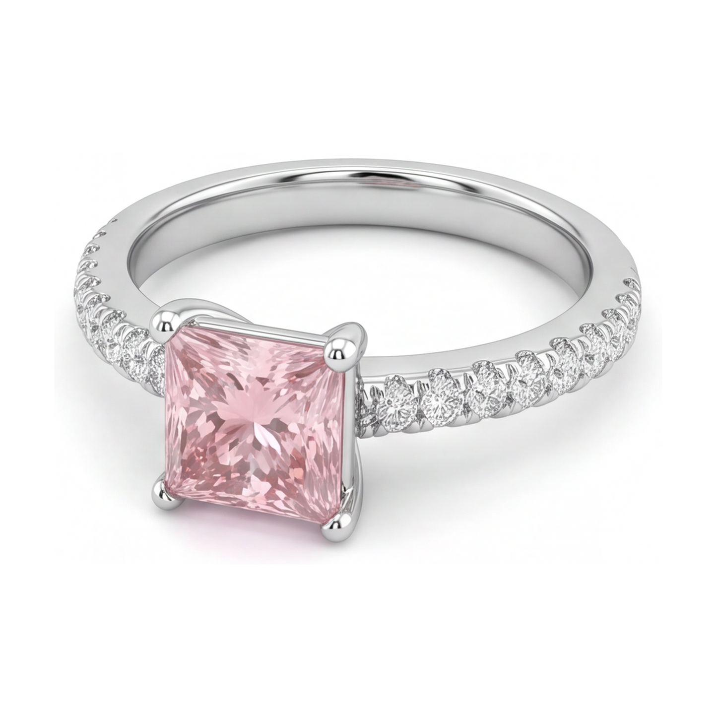 Anello Solitario Pavé con Diamante Rosa da Laboratorio Taglio Principessa da 3,5 Carati in Oro Bianco 14K