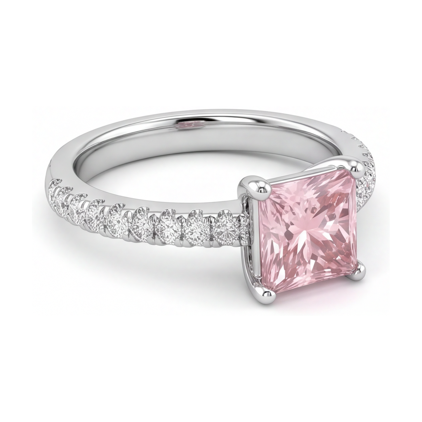 Anello Solitario Pavé con Diamante Rosa da Laboratorio Taglio Principessa da 3,5 Carati in Oro Bianco 14K