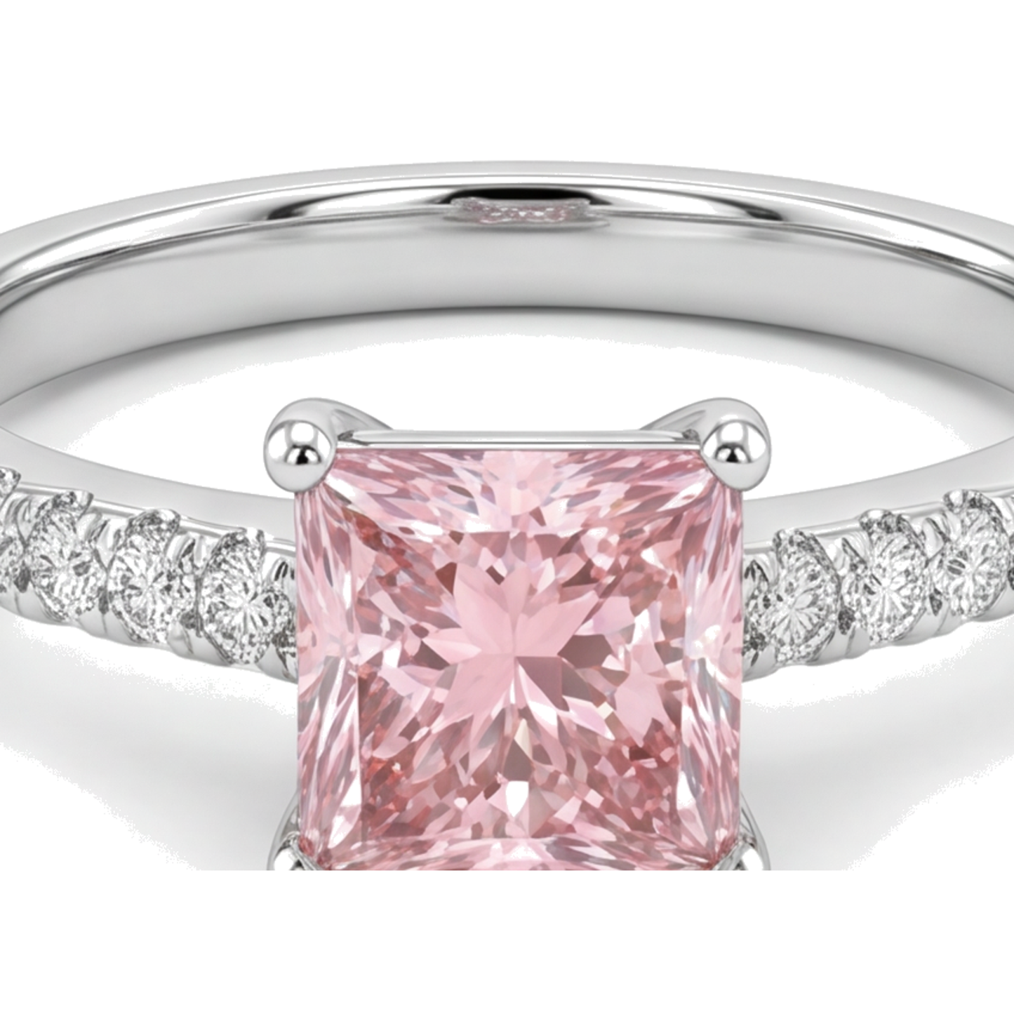 Anello Solitario Pavé con Diamante Rosa da Laboratorio Taglio Principessa da 3,5 Carati in Oro Bianco 14K