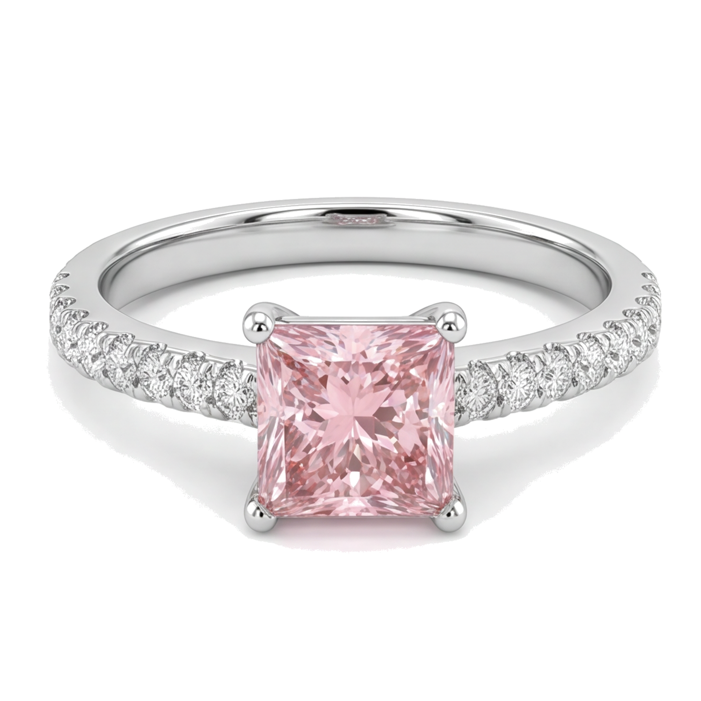 Anello Solitario Pavé con Diamante Rosa da Laboratorio Taglio Principessa da 3,5 Carati in Oro Bianco 14K