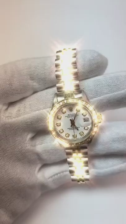 Orologio da donna Datejust Rolex con cinturino bicolore e quadrante con diamanti bianchi