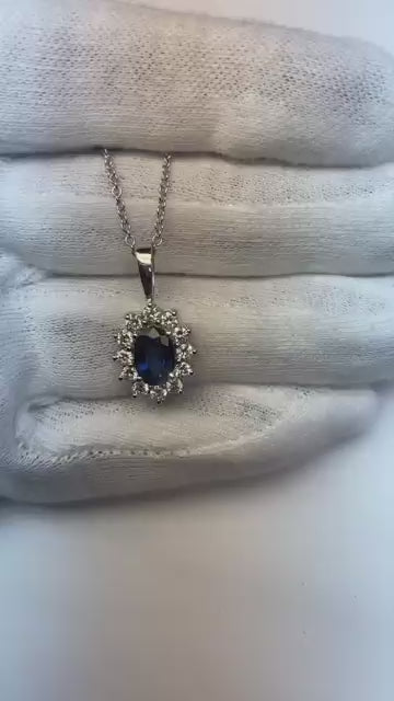 Collana Ciondolo Zaffiro Ceylon Con Diamanti 3,20 Ct Oro Bianco 14K
