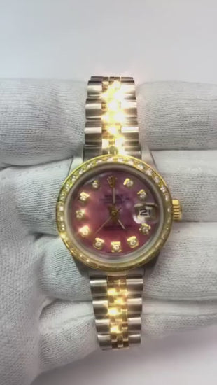 Orologio Rolex da donna con diamanti in oro giallo 18 carati e quadrante rosa