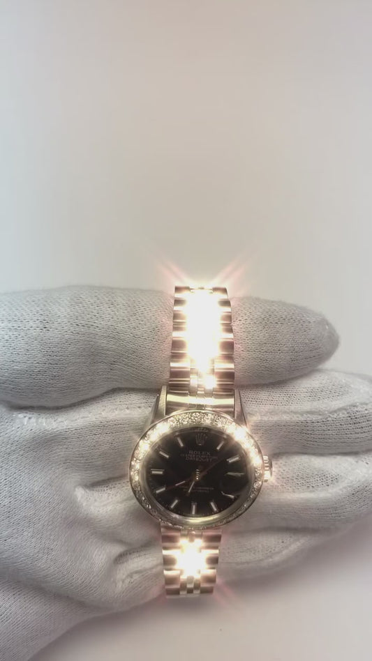 Bracciale giubileo in acciaio inossidabile Quadrante a bastoncino nero Lunetta con diamanti Orologio Rolex