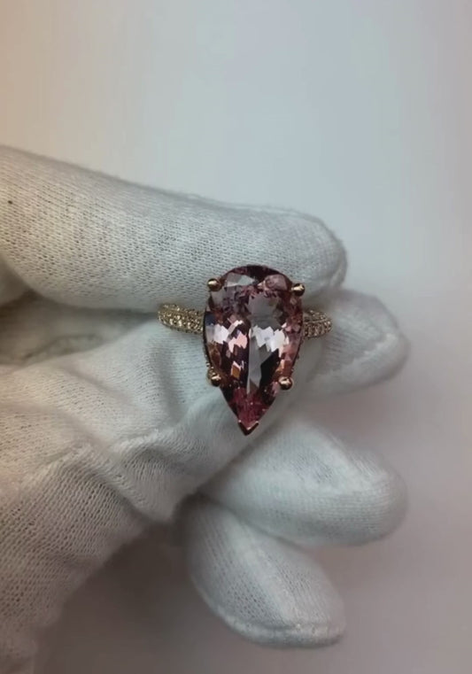 Morganite taglio pera e diamanti 9.25 ct Fede nuziale in oro rosa 14K