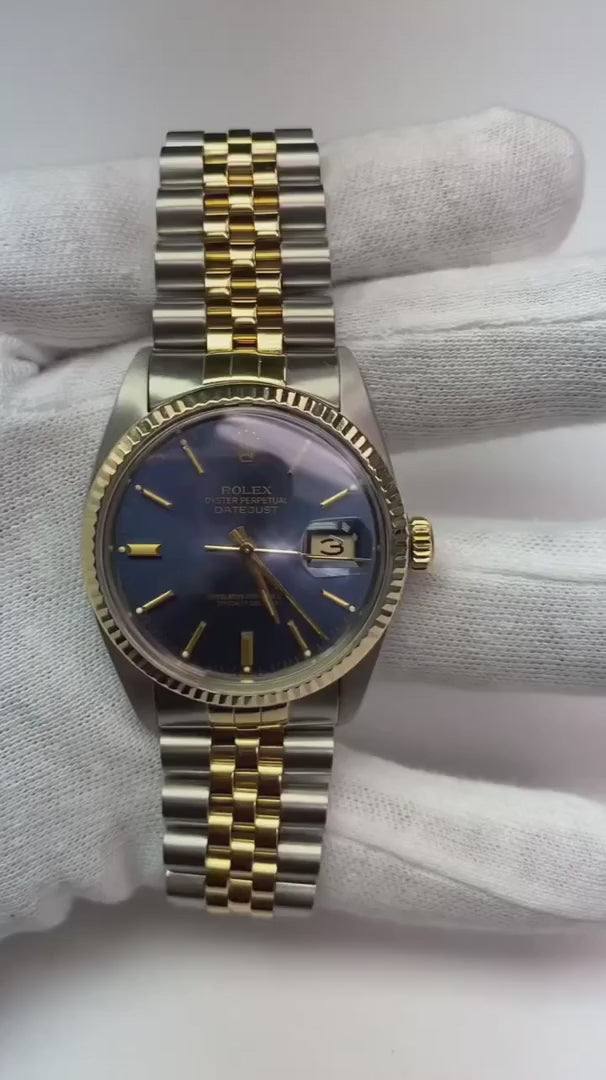 Orologio da uomo Rolex in acciaio inossidabile e oro con quadrante blu, impostazione rapida