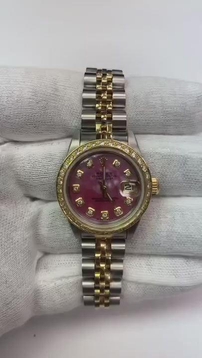 Rolex Orologio da donna con diamanti in oro giallo 18 carati e quadrante rosa