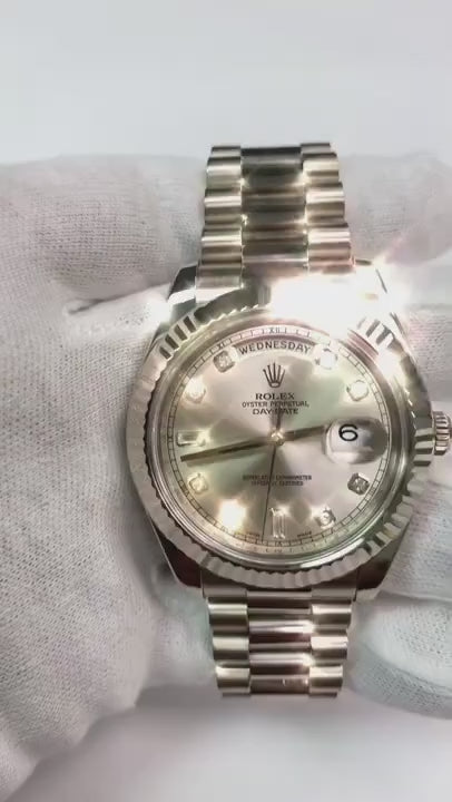 Orologio da uomo Rolex giorno, data due da 41 mm con quadrante argentato e diamanti in oro bianco