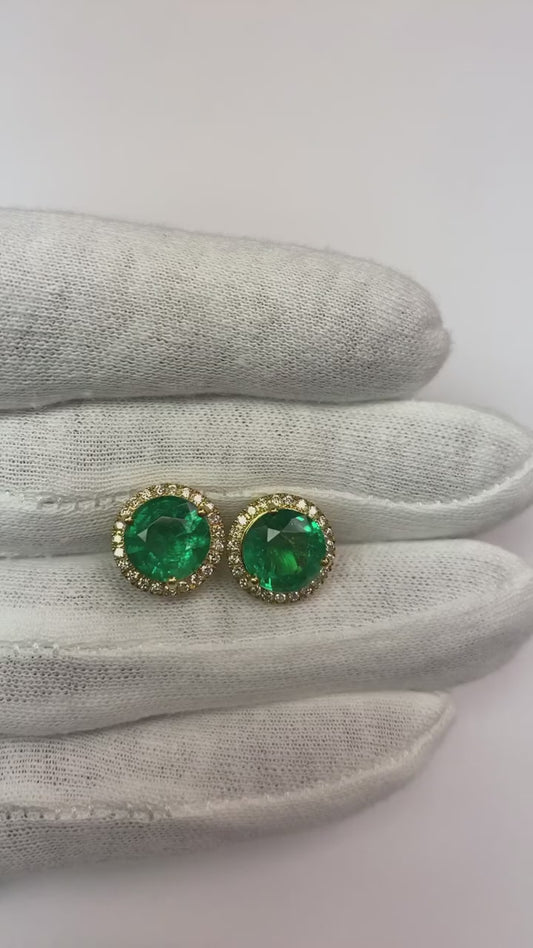 Orecchino a forma di Verde smeraldo rotondo con diamante da donna in oro bianco 14K