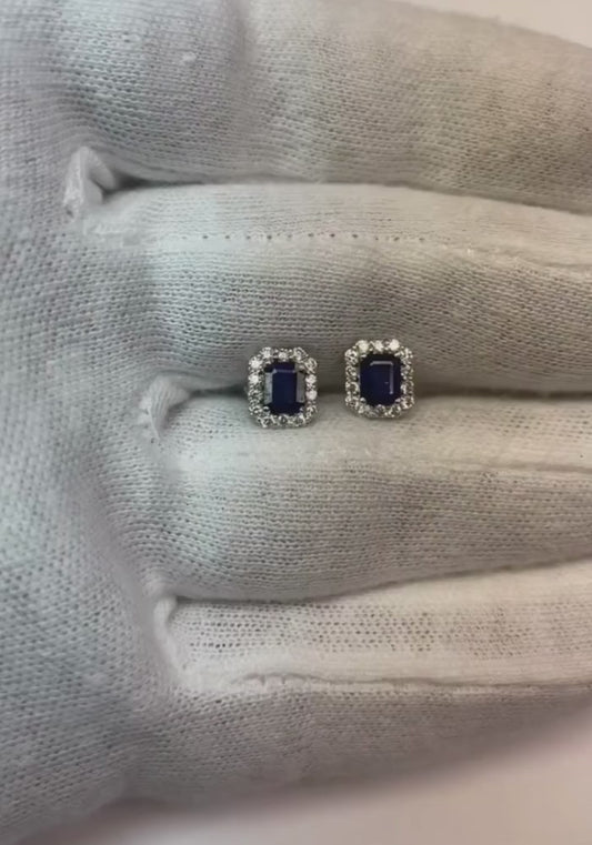 Sri Lanka Zaffiro Taglio Smeraldo Halo Round Diamond Stud Orecchino WG 14K