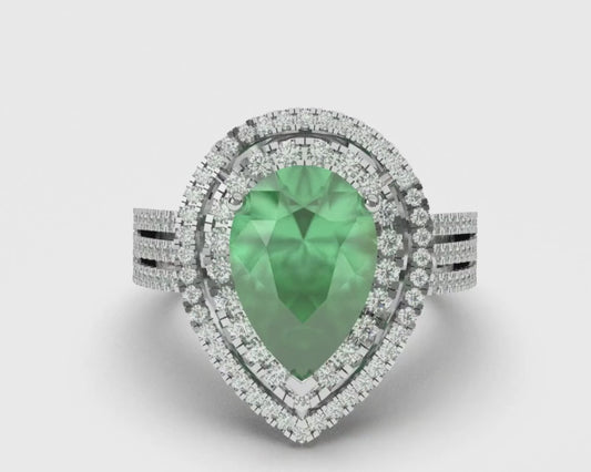 5 carati bella pera verde smeraldo anello di diamanti in oro bianco 14K