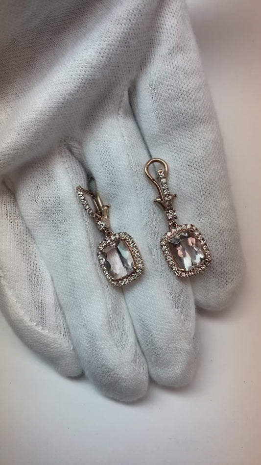 Orecchini pendenti in morganite 9 carati con piccolo diamante in oro rosa 18k