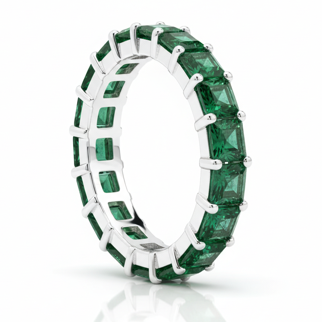 Anello Eternity a Giro Completo con Smeraldi Naturali Taglio Princess 1,16 Carati in Oro Bianco 18 Carati