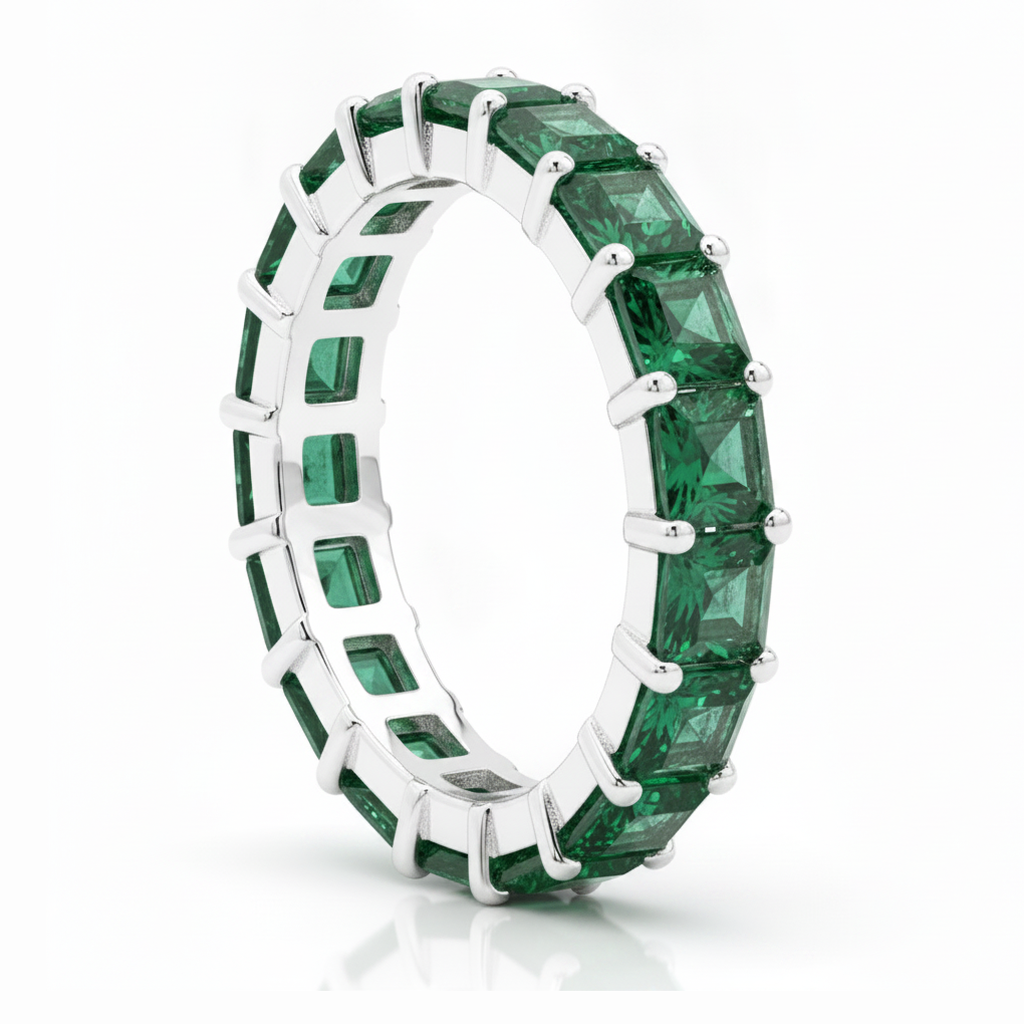 Anello Eternity a Giro Completo con Smeraldi Naturali Taglio Princess 1,16 Carati in Oro Bianco 18 Carati