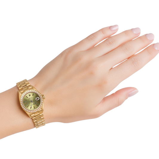 quadrante champagne bastone Rolex stile presidenziale orologio Datejust lunetta in oro P2