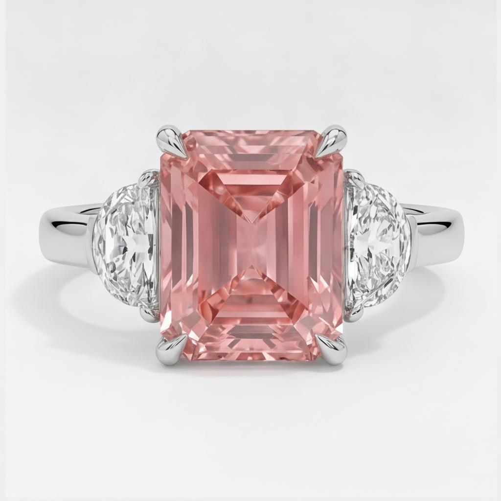 Anello a tre pietre in platino con zaffiro Padparadscha naturale da 3,6 carati taglio radiant e mezze lune bianche