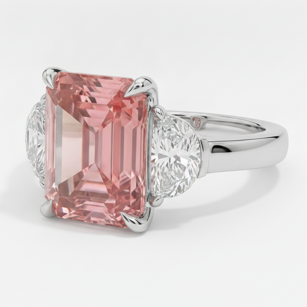 Anello a tre pietre in platino con zaffiro Padparadscha naturale da 3,6 carati taglio radiant e mezze lune bianche