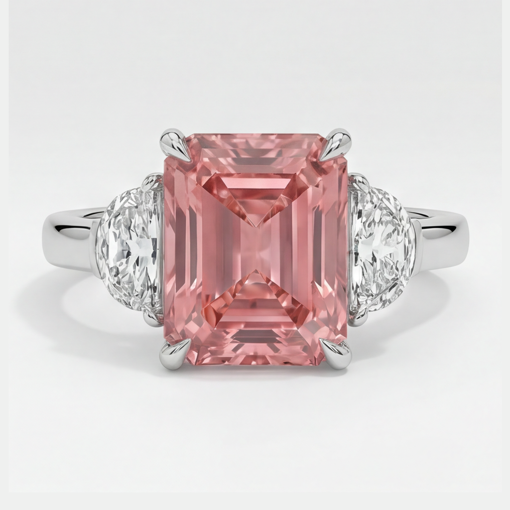 Anello a tre pietre in platino con zaffiro Padparadscha naturale da 3,6 carati taglio radiant e mezze lune bianche