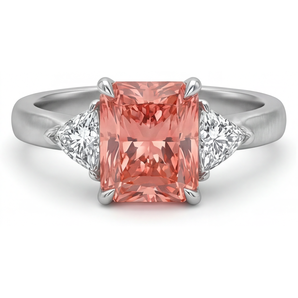 Anello a tre pietre con autentico zaffiro Padparadscha da 2,9 carati taglio radiant e pietre taglio trilliant bianche in oro 14 carati