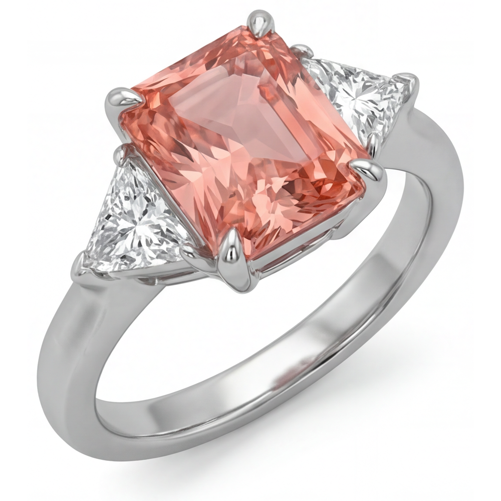 Anello a tre pietre con autentico zaffiro Padparadscha da 2,9 carati taglio radiant e pietre taglio trilliant bianche in oro 14 carati